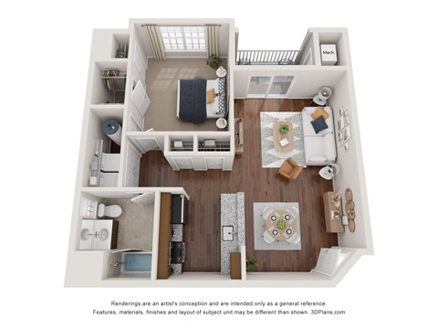 Floor plan for 1 bed, 1 bath, 851 sqft